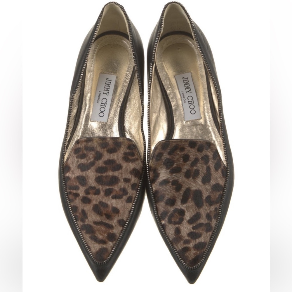 Jimmy Choo Black Leather/Leopard Pony Hair Pointy Flats 39